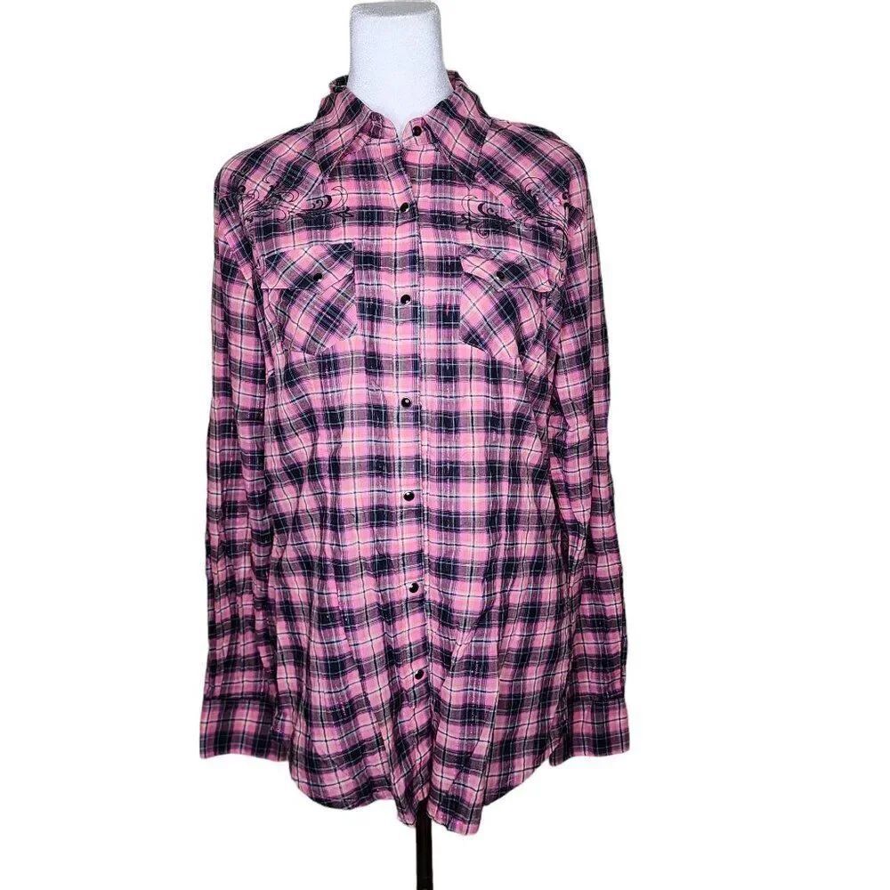 Wrangler Long Sleeve Snap Plaid Shirt Womens Size M Pink Western Cowboy